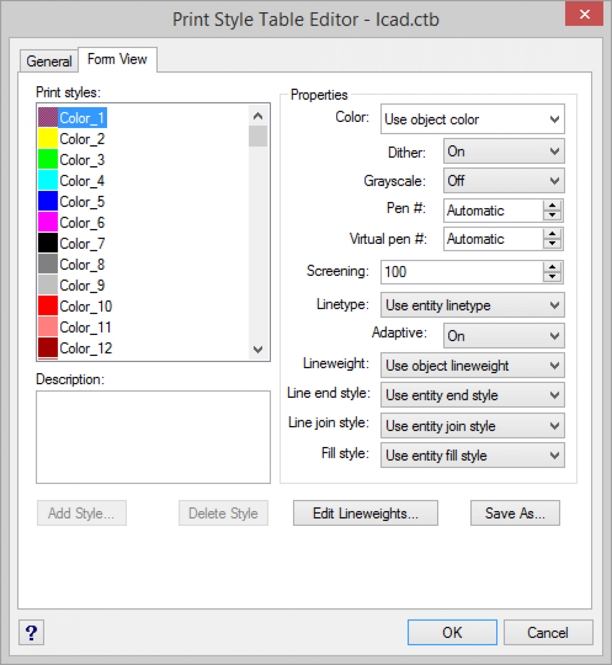 IntelliCAD Print Style Table Editor